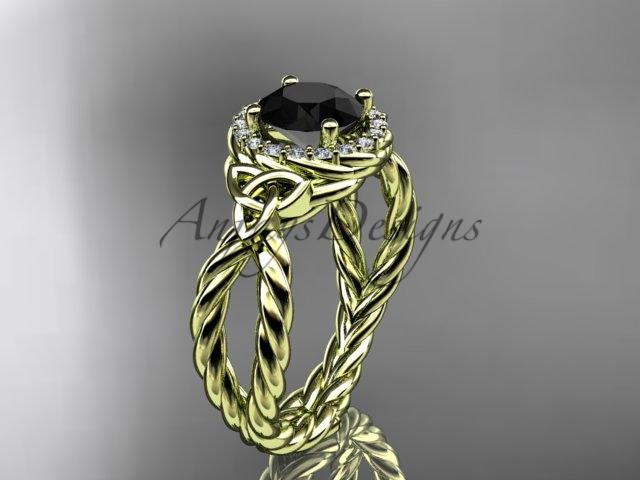 14kt yellow gold rope halo celtic triquetra engagement ring with a Black Diamond center stone RPCT9127