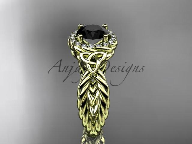 14kt yellow gold rope halo celtic triquetra engagement ring with a Black Diamond center stone RPCT9127