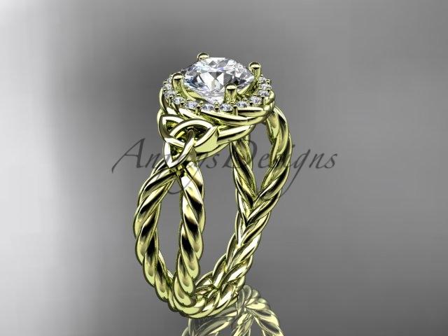 14kt yellow gold rope halo celtic triquetra engagement ring with a "Forever One" Moissanite center stone RPCT9127