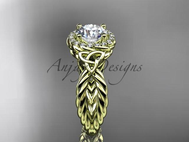 14kt yellow gold rope halo celtic triquetra engagement ring with a "Forever One" Moissanite center stone RPCT9127