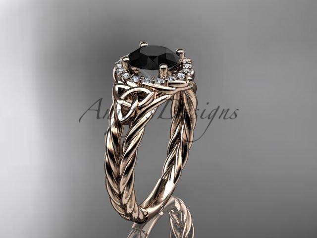 14kt rose gold halo rope celtic triquetra engagement ring with a Black Diamond center stone RPCT9131