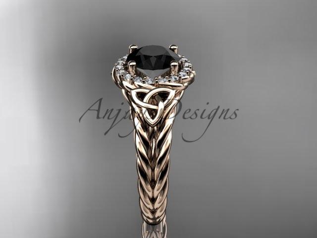 14kt rose gold halo rope celtic triquetra engagement ring with a Black Diamond center stone RPCT9131