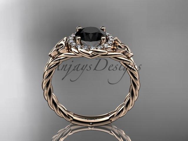 14kt rose gold halo rope celtic triquetra engagement ring with a Black Diamond center stone RPCT9131