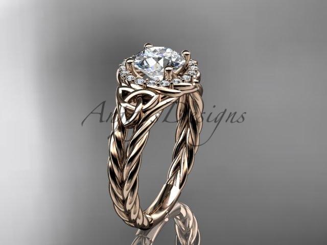 14kt rose gold halo rope celtic triquetra engagement ring with a "Forever One" Moissanite center stone RPCT9131