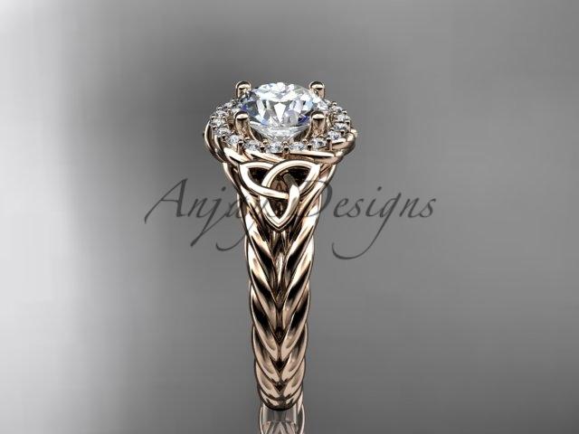 14kt rose gold halo rope celtic triquetra engagement ring with a "Forever One" Moissanite center stone RPCT9131