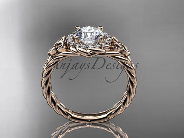14kt rose gold halo rope celtic triquetra engagement ring with a "Forever One" Moissanite center stone RPCT9131