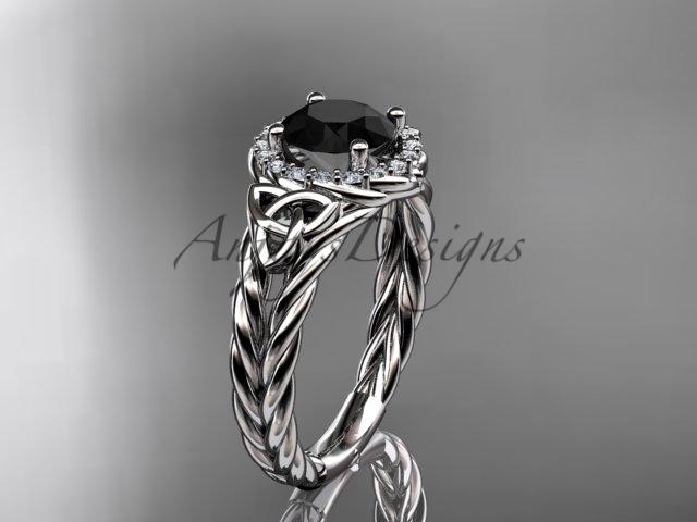 Platinum halo rope celtic triquetra engagement ring with a Black Diamond center stone RPCT9131