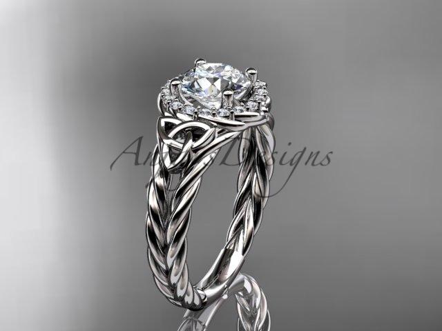 Platinum halo rope celtic triquetra engagement ring with a "Forever One" Moissanite center stone RPCT9131