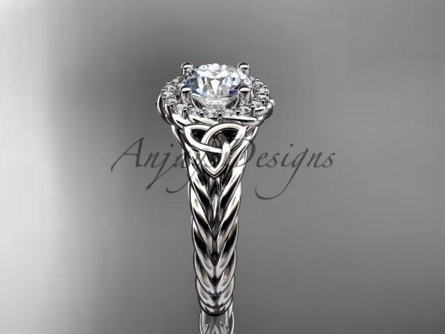 14kt white gold halo rope celtic triquetra engagement ring with a Black Diamond center stone RPCT9131