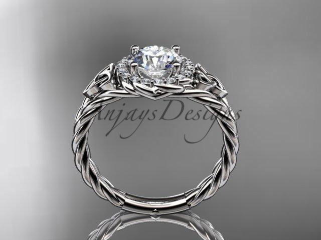 14kt white gold halo rope celtic triquetra engagement ring with a Black Diamond center stone RPCT9131