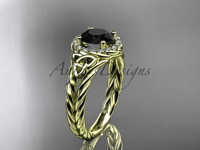 14kt yellow gold halo rope celtic triquetra engagement ring with a Black Diamond center stone RPCT9131