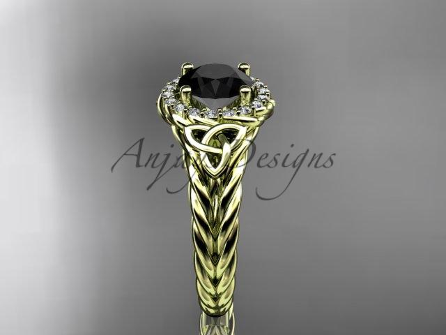 14kt yellow gold halo rope celtic triquetra engagement ring with a Black Diamond center stone RPCT9131