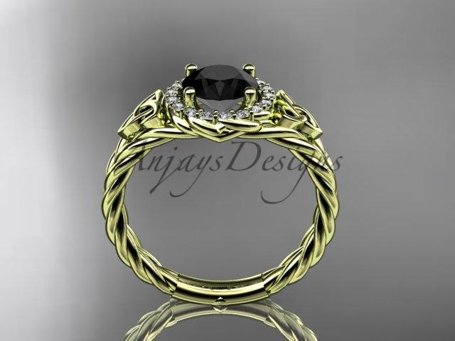 14kt yellow gold halo rope celtic triquetra engagement ring with a Black Diamond center stone RPCT9131