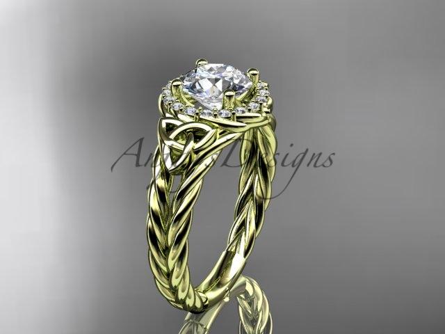 14kt yellow gold halo rope celtic triquetra engagement ring with a "Forever One" Moissanite center stone RPCT9131