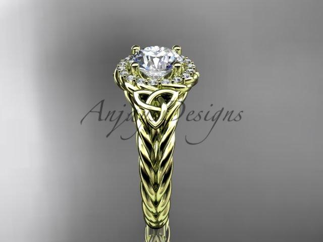 14kt yellow gold halo rope celtic triquetra engagement ring with a "Forever One" Moissanite center stone RPCT9131
