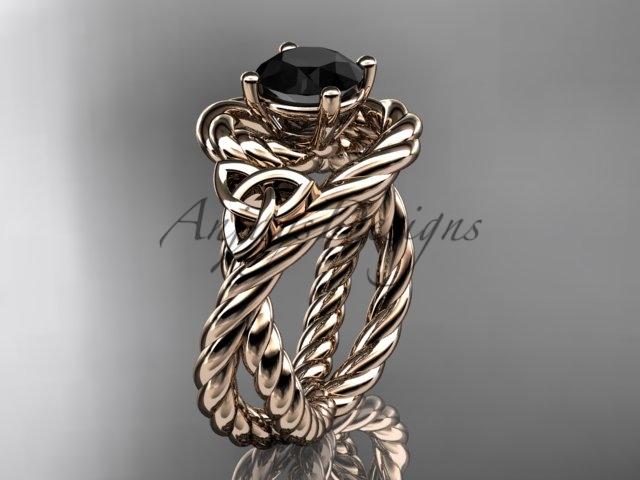 14kt rose gold celtic trinity twisted rope wedding ring with a Black Diamond center stone RPCT9320