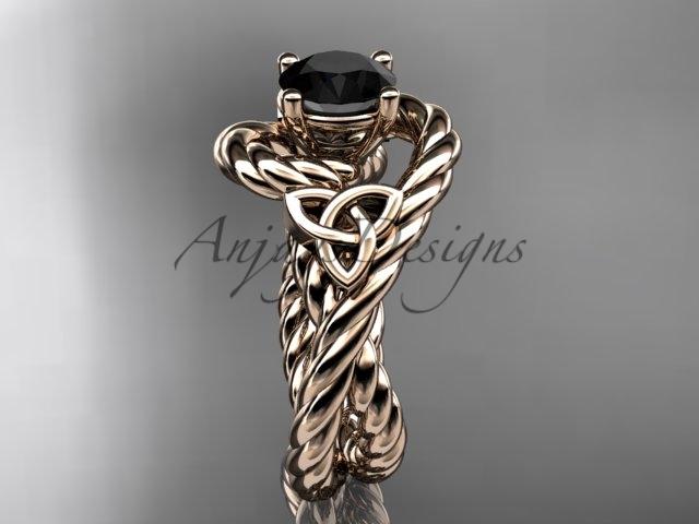 14kt rose gold celtic trinity twisted rope wedding ring with a Black Diamond center stone RPCT9320