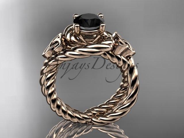 14kt rose gold celtic trinity twisted rope wedding ring with a Black Diamond center stone RPCT9320