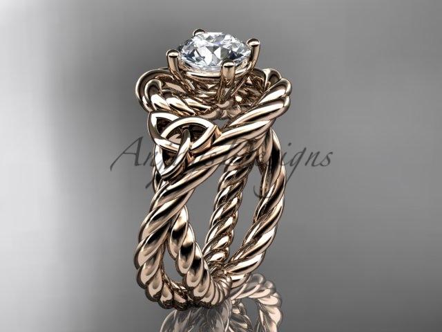 14kt rose gold celtic trinity twisted rope wedding ring with a "Forever One" Moissanite center stone RPCT9320