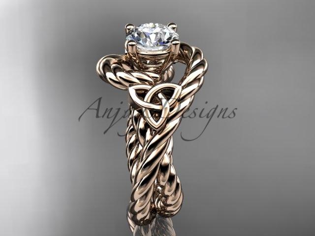14kt rose gold celtic trinity twisted rope wedding ring with a "Forever One" Moissanite center stone RPCT9320