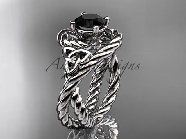 14kt white gold celtic trinity twisted rope wedding ring with a Black Diamond center stone RPCT9320