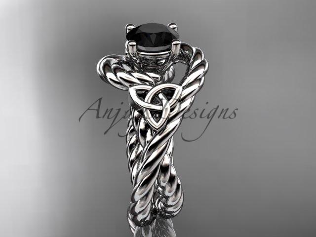 14kt white gold celtic trinity twisted rope wedding ring with a Black Diamond center stone RPCT9320