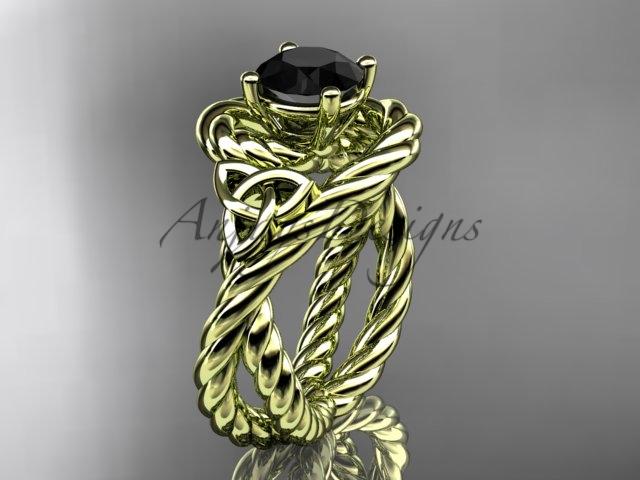 14kt yellow gold celtic trinity twisted rope wedding ring with a Black Diamond center stone RPCT9320