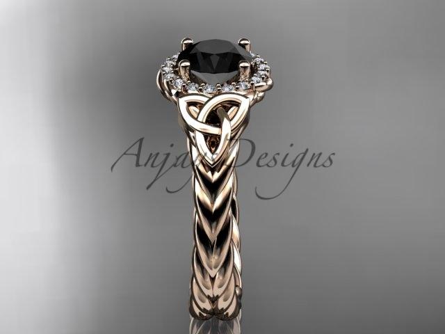 14kt rose gold rope celtic trinity diamond engagement ring with a Black Diamond center stone RPCT9380