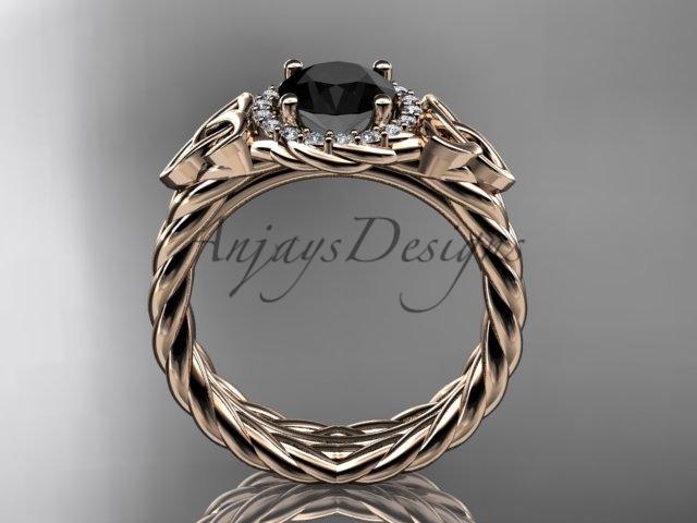 14kt rose gold rope celtic trinity diamond engagement ring with a Black Diamond center stone RPCT9380