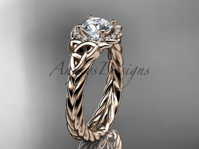 14kt rose gold rope celtic trinity diamond engagement ring with a "Forever One" Moissanite center stone RPCT9380