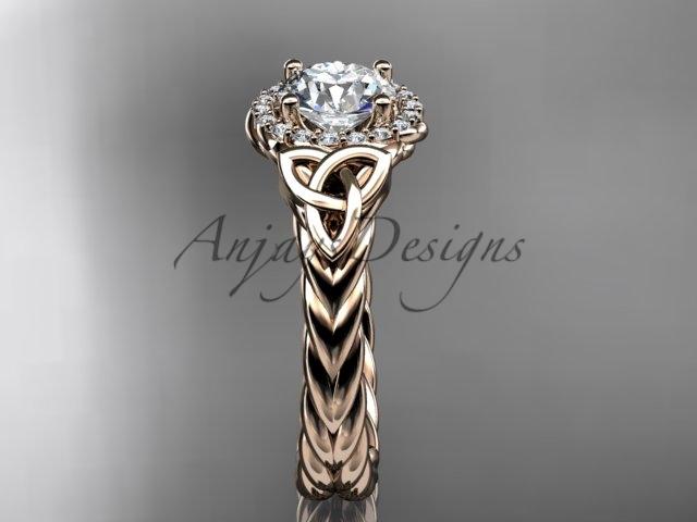 14kt rose gold rope celtic trinity diamond engagement ring with a "Forever One" Moissanite center stone RPCT9380