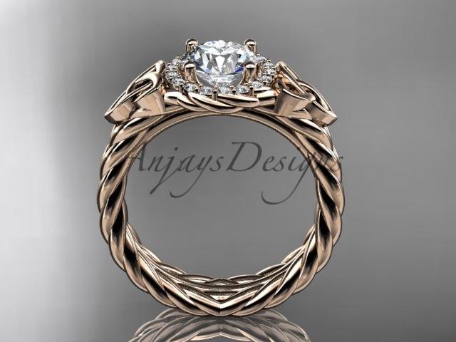 14kt rose gold rope celtic trinity diamond engagement ring with a "Forever One" Moissanite center stone RPCT9380
