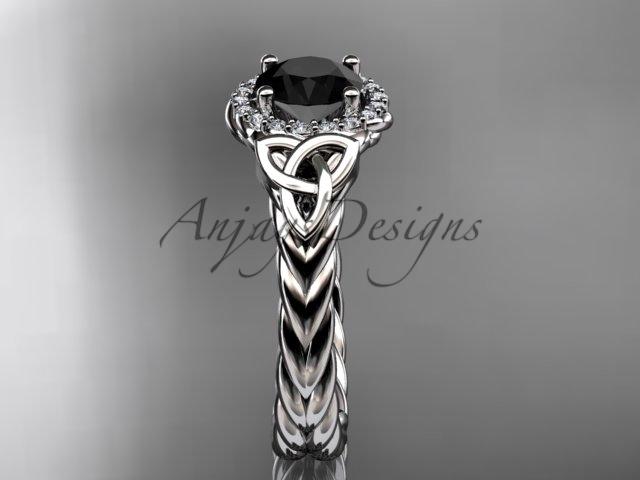 14kt white gold rope celtic trinity diamond engagement ring with a Black Diamond center stone RPCT9380