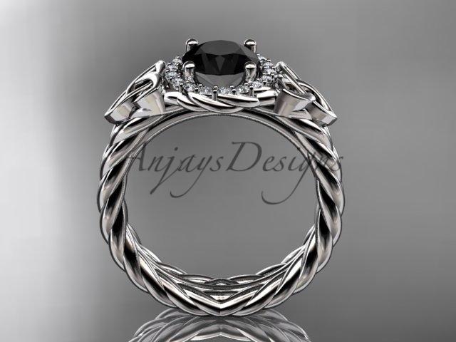 14kt white gold rope celtic trinity diamond engagement ring with a Black Diamond center stone RPCT9380