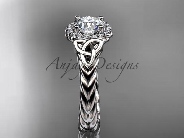14kt white gold rope celtic trinity diamond engagement ring with a "Forever One" Moissanite center stone RPCT9380