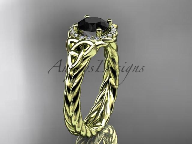 14kt yellow gold rope halo celtic trinity diamond engagement ring with a Black Diamond center stone RPCT9380