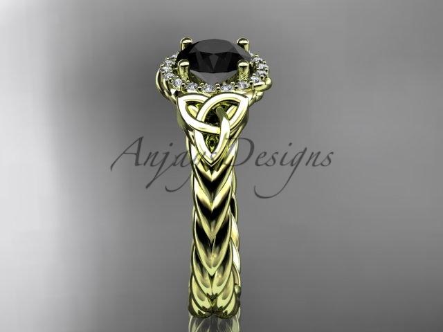 14kt yellow gold rope halo celtic trinity diamond engagement ring with a Black Diamond center stone RPCT9380