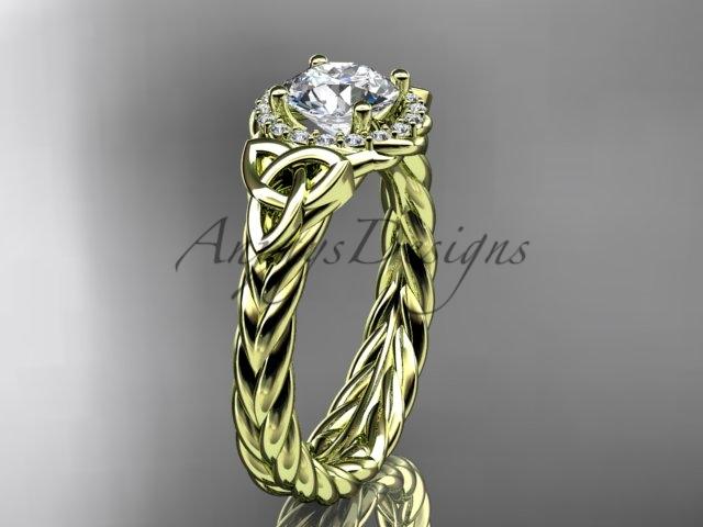14kt yellow gold rope celtic trinity diamond engagement ring with a "Forever One" Moissanite center stone RPCT9380