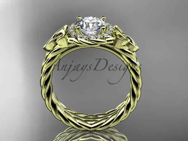 14kt yellow gold rope celtic trinity diamond engagement ring with a "Forever One" Moissanite center stone RPCT9380
