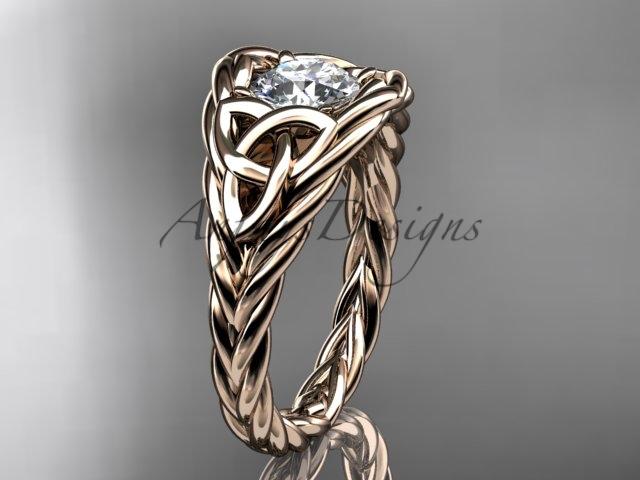14kt rose gold celtic trinity rope wedding ring with a "Forever One" Moissanite center stone RPCT964