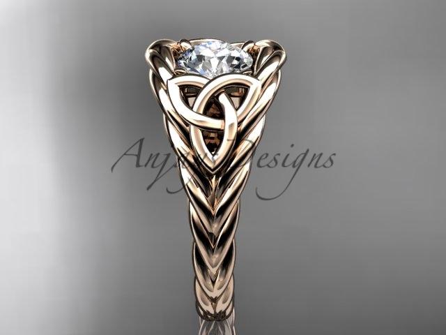 14kt rose gold celtic trinity rope wedding ring with a "Forever One" Moissanite center stone RPCT964