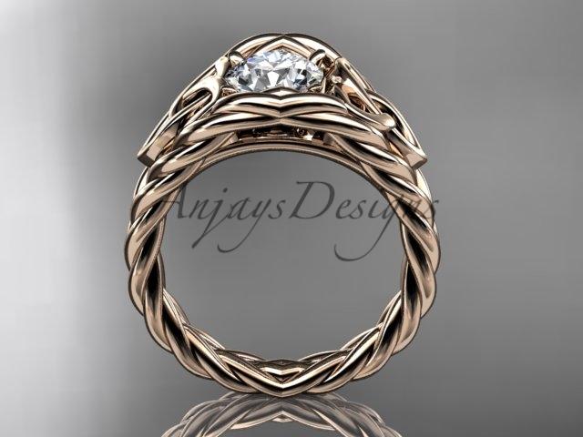 14kt rose gold celtic trinity rope wedding ring with a "Forever One" Moissanite center stone RPCT964