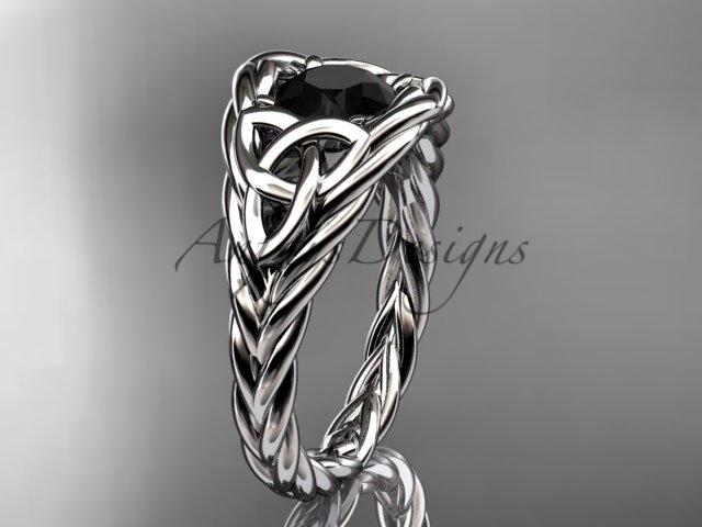 14kt white gold celtic trinity rope wedding ring with a Black Diamond center stone RPCT964