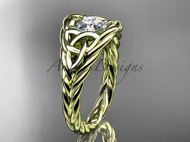 14kt yellow gold celtic trinity rope wedding ring with a "Forever One" Moissanite center stone RPCT964