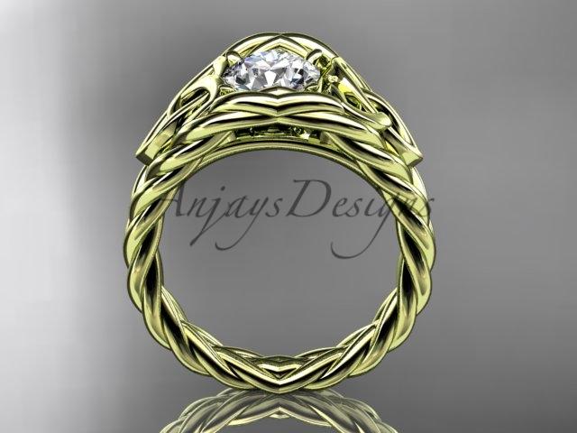 14kt yellow gold celtic trinity rope wedding ring with a "Forever One" Moissanite center stone RPCT964