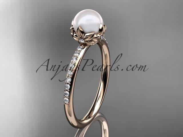 14k rose gold diamond pearl vine and leaf engagement ring AP92 - AnjaysDesigns