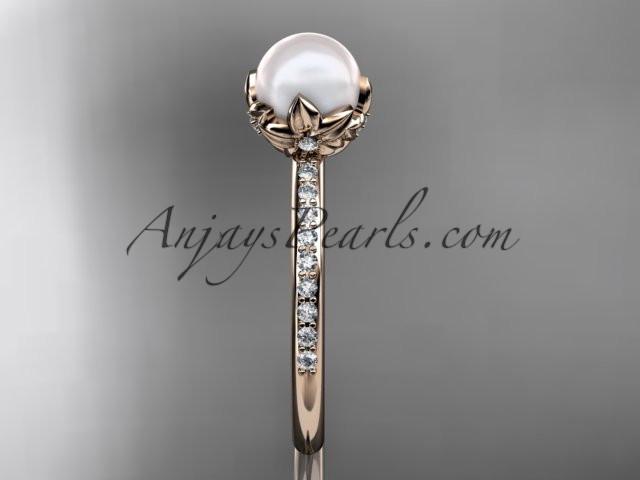 14k rose gold diamond pearl vine and leaf engagement ring AP92 - AnjaysDesigns