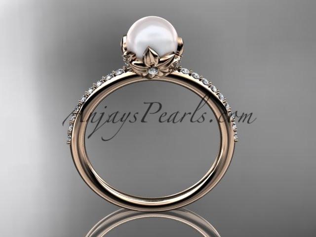 14k rose gold diamond pearl vine and leaf engagement ring AP92 - AnjaysDesigns