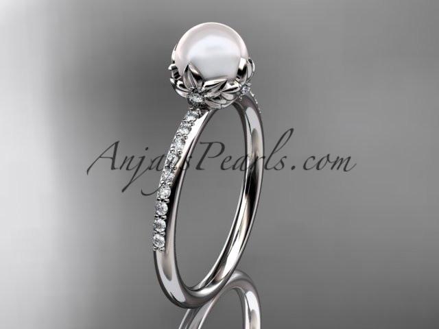 platinum diamond pearl vine and leaf engagement ring AP92 - AnjaysDesigns
