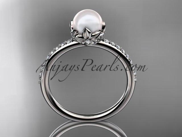 14k white gold diamond pearl vine and leaf engagement ring AP92 - AnjaysDesigns
